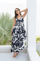 Black & White Floral Sleeveless Silky Cotton Resort Dress pen_spark - Loomaswim.com