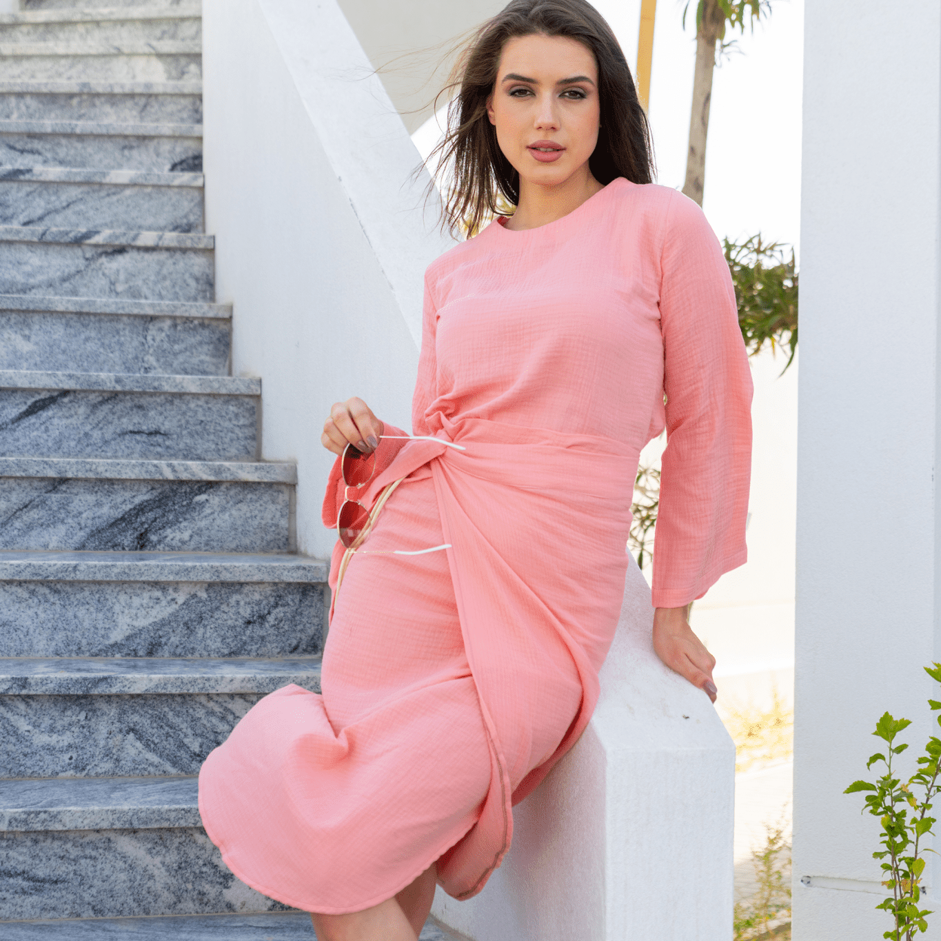 Enchanting Peach Gauze 2 - Piece Blouse and Midi Skirt - Resort Elegance pen_spark - Loomaswim.com