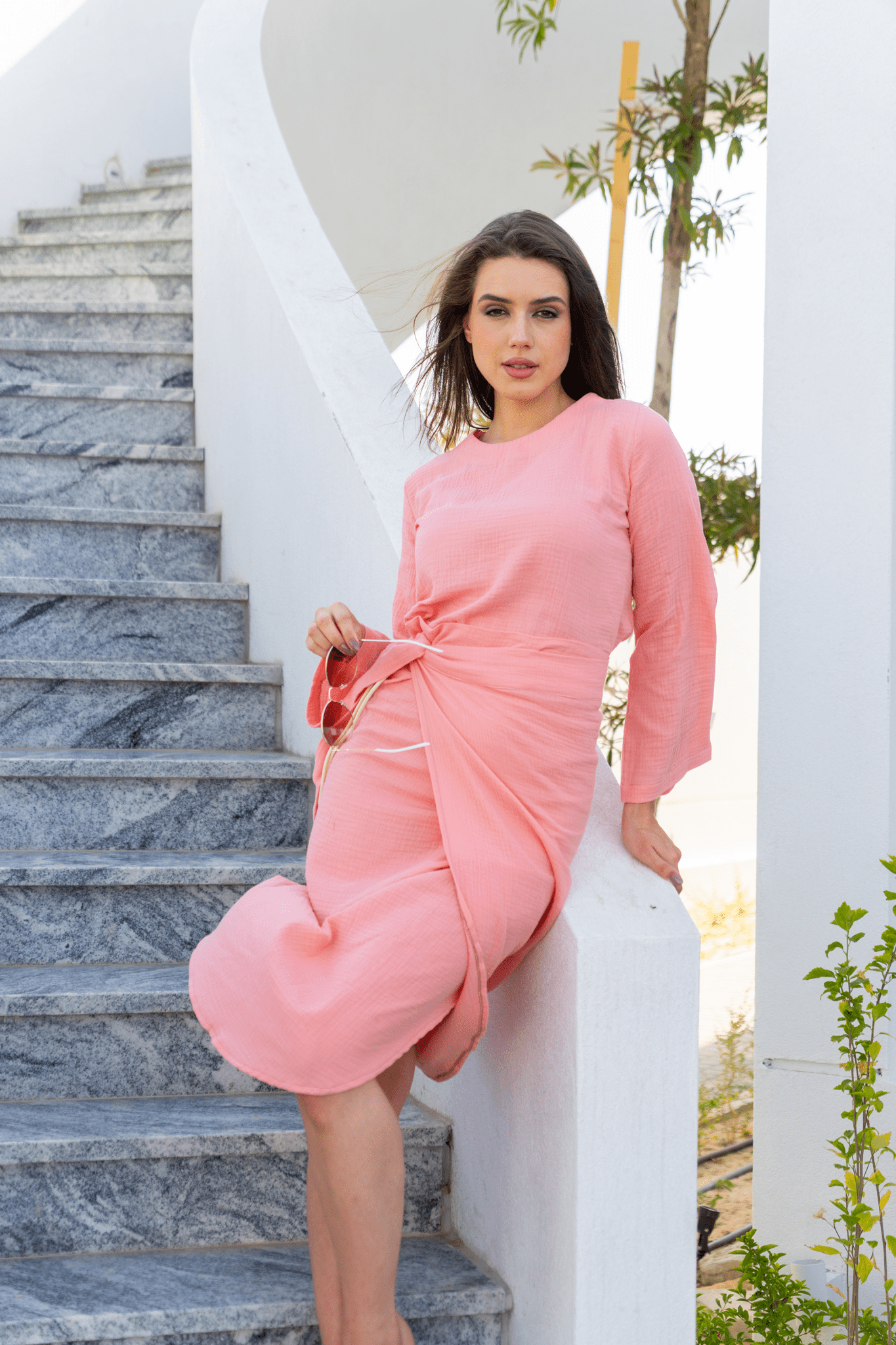 Enchanting Peach Gauze 2 - Piece Blouse and Midi Skirt - Resort Elegance pen_spark - Loomaswim.com