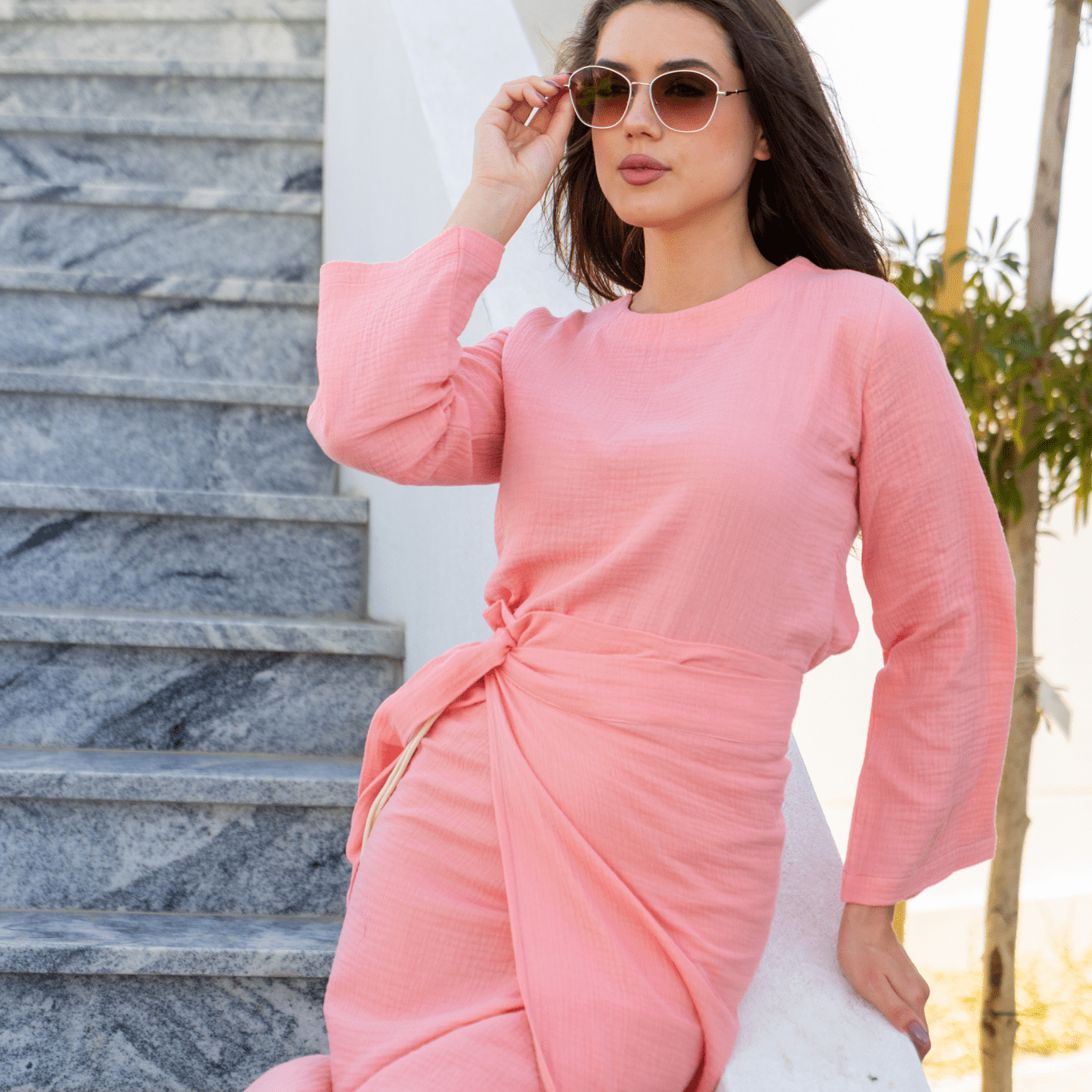 Enchanting Peach Gauze 2 - Piece Blouse and Midi Skirt - Resort Elegance pen_spark - Loomaswim.com