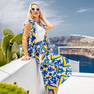 Modern Mosaic Magic: 2 - Piece Blouse & Skirt Set in Blue & Yellow - Loomaswim.com