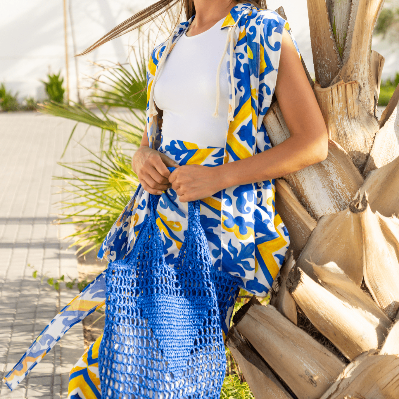 Modern Mosaic Magic: 2 - Piece Blouse & Skirt Set in Blue & Yellow - Loomaswim.com