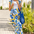 Modern Mosaic Magic: 2 - Piece Blouse & Skirt Set in Blue & Yellow - Loomaswim.com