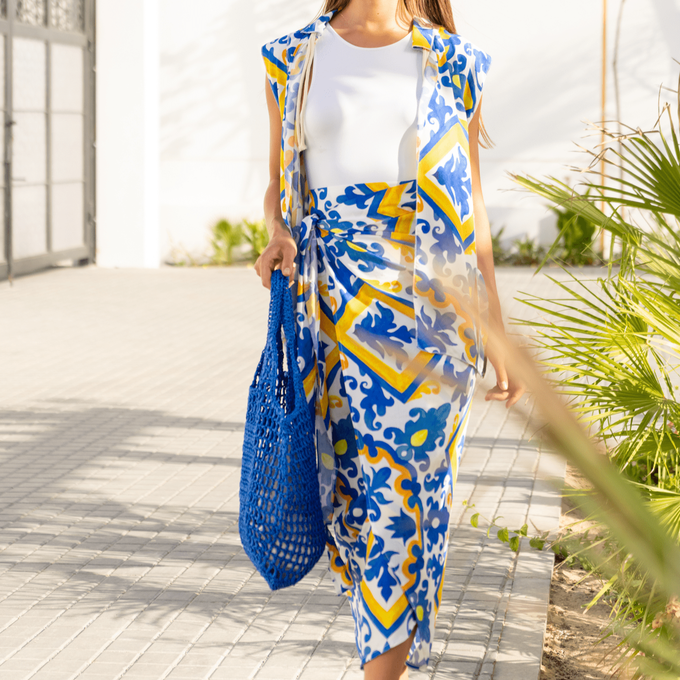 Modern Mosaic Magic: 2 - Piece Blouse & Skirt Set in Blue & Yellow - Loomaswim.com