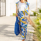 Modern Mosaic Magic: 2 - Piece Blouse & Skirt Set in Blue & Yellow - Loomaswim.com