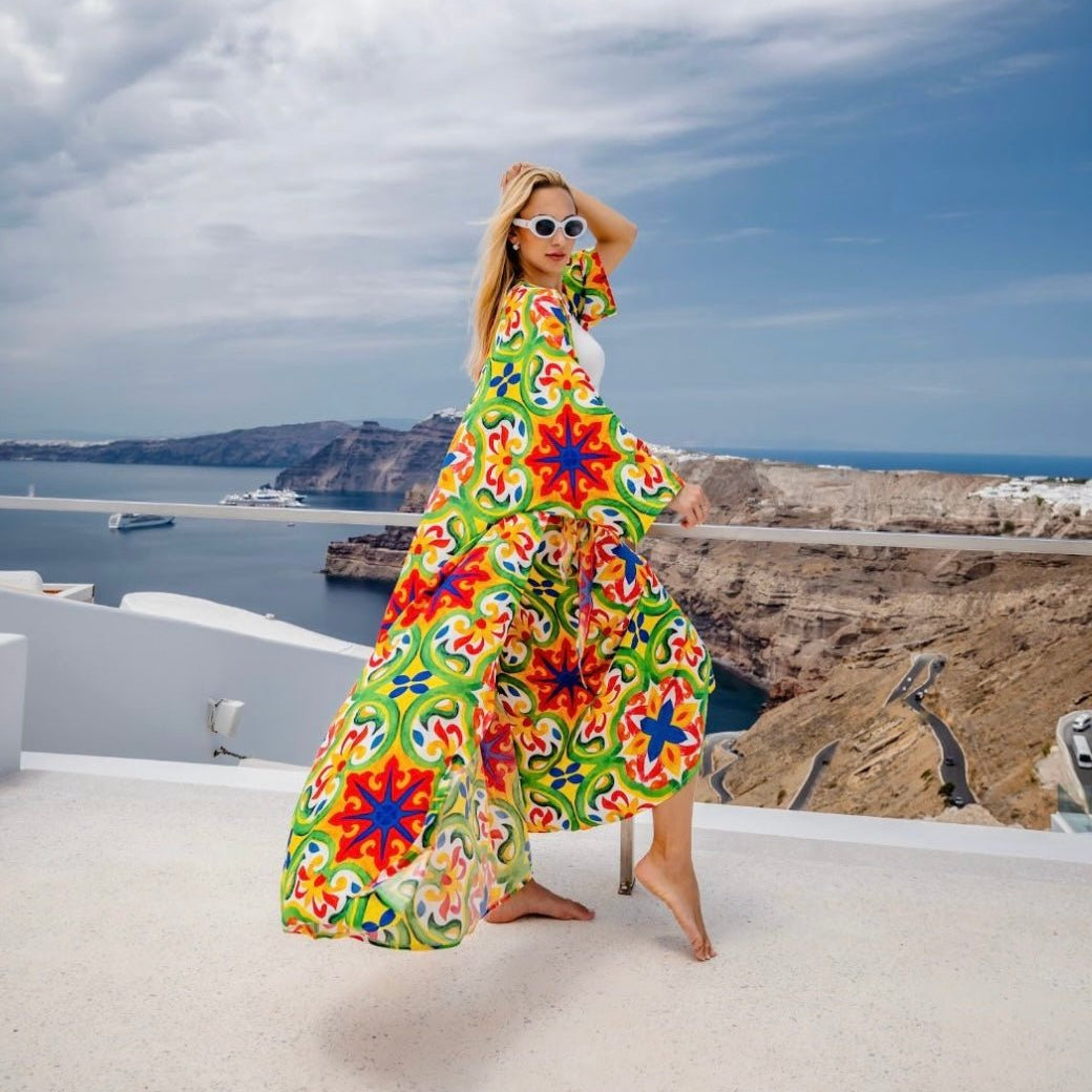 Vibrant Kimono & skirt with Colorful Tile Pattern - Free Size - Loomaswim.com