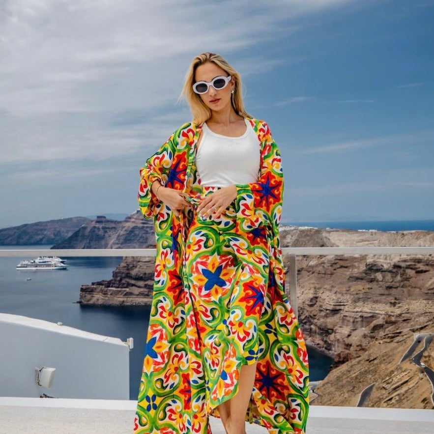 Vibrant Kimono & skirt with Colorful Tile Pattern - Free Size - Loomaswim.com