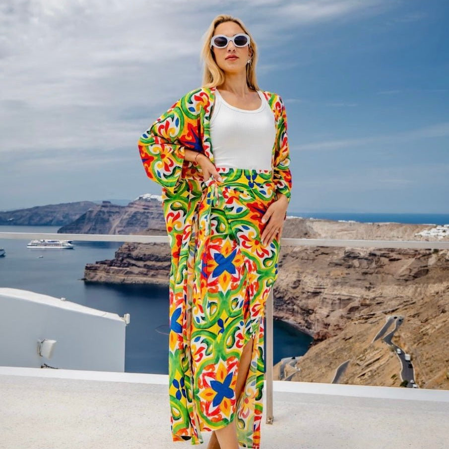 Vibrant Kimono & skirt with Colorful Tile Pattern - Free Size - Loomaswim.com