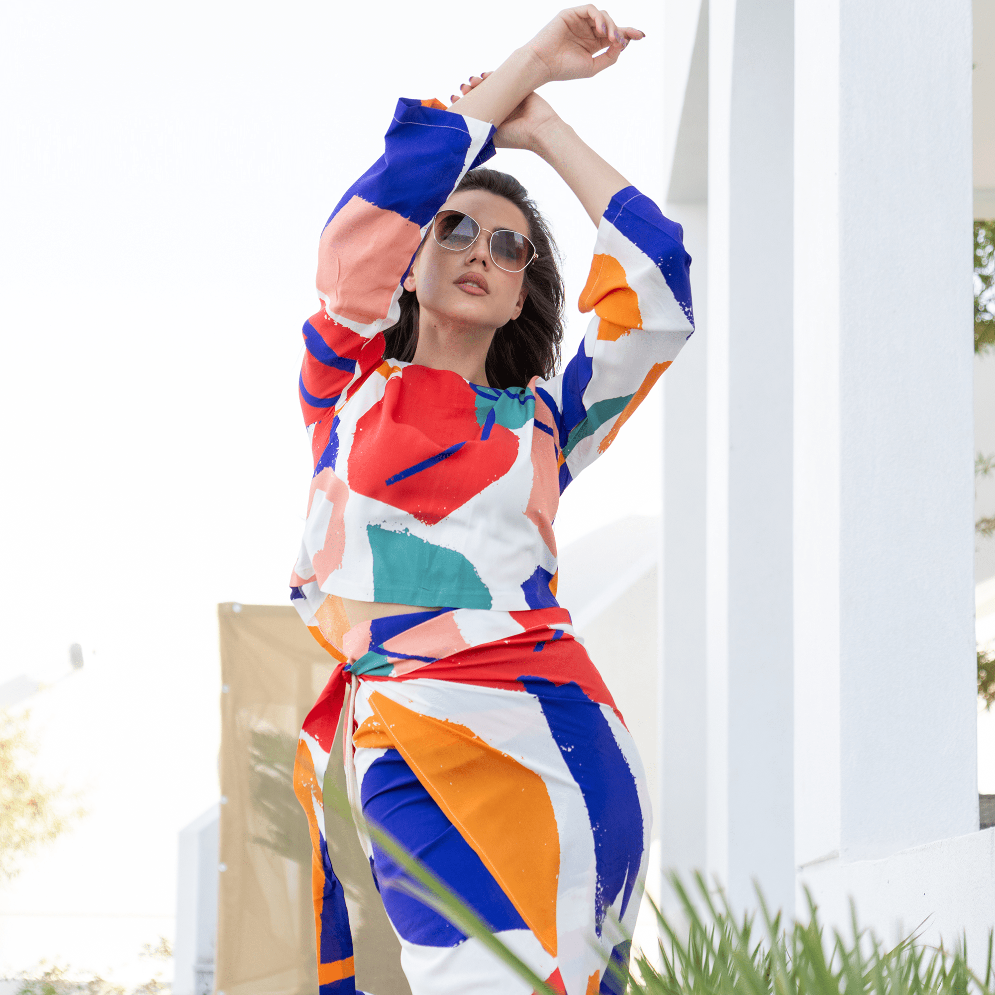 Vibrant Vogue: 2 - Piece Blouse and Skirt Set - Colorful Modern Pattern - Loomaswim.com