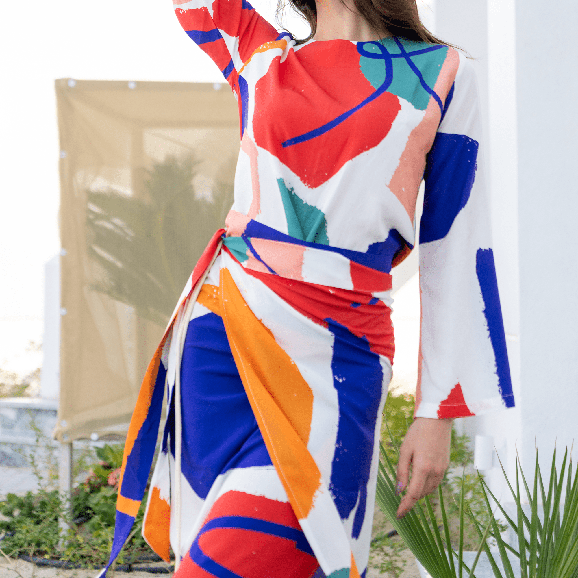 Vibrant Vogue: 2 - Piece Blouse and Skirt Set - Colorful Modern Pattern - Loomaswim.com