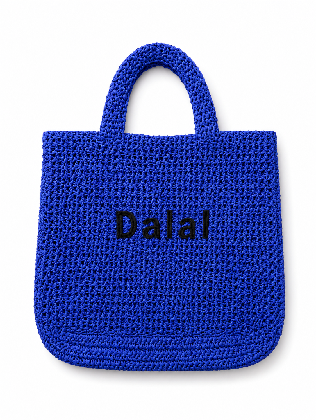 Blue woven handbag with 'Dalal' branding on a white background