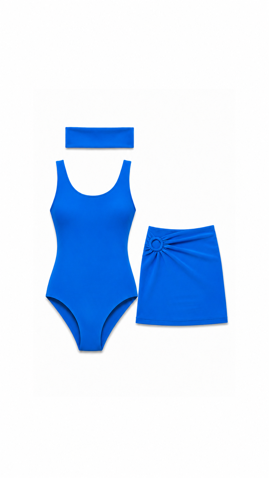 Blue swimsuit set with headband on a white background