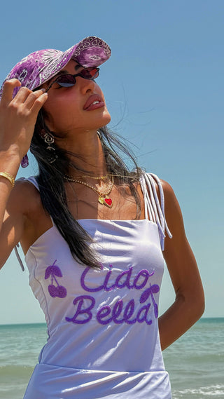 Ciao Bella 💜 – Lavender Swimsuit with Cherry Embroidery