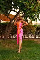 Pink & Orange Soft Padded Swimsuit With Midi Skirt - Loomaswim.com