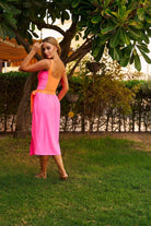 Pink & Orange Soft Padded Swimsuit With Midi Skirt - Loomaswim.com