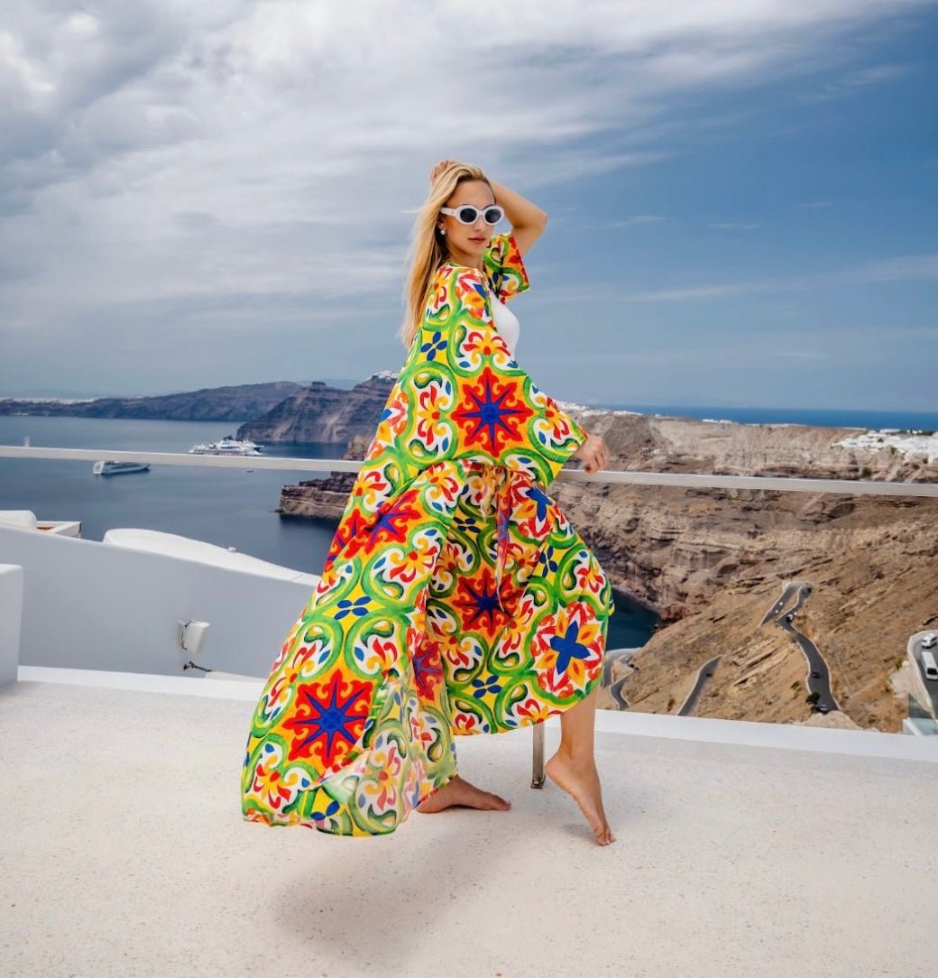 Vibrant Kimono & skirt with Colorful Tile Pattern - Free Size - Loomaswim.com