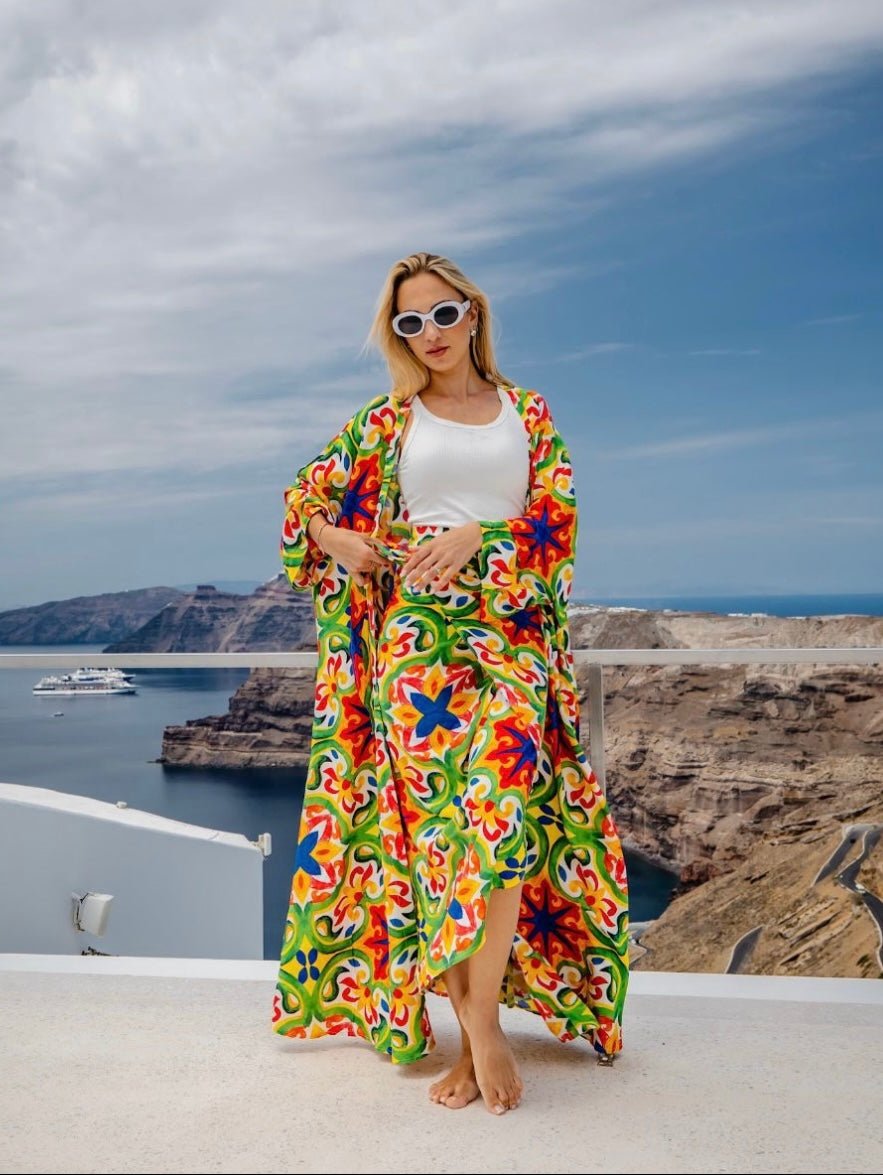 Vibrant Kimono & skirt with Colorful Tile Pattern - Free Size - Loomaswim.com