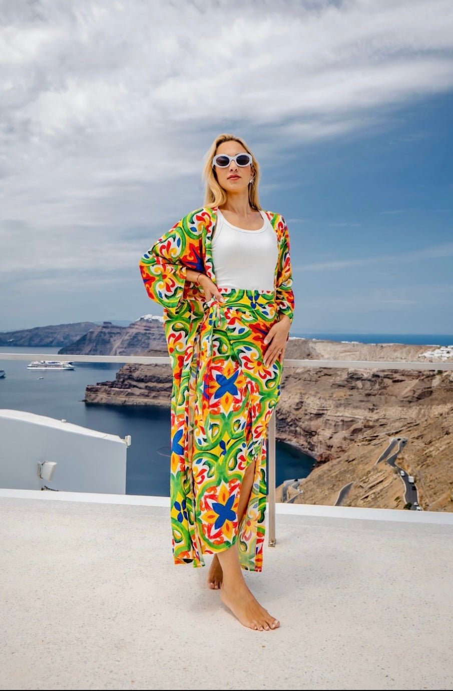 Vibrant Kimono & skirt with Colorful Tile Pattern - Free Size - Loomaswim.com